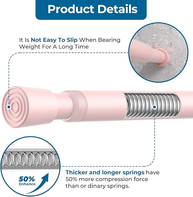 AIZESI Spring Tension Rods Adjustable Tension Curtain Rod Small Tension Rod No Drilling Expandable Spring Loaded Curtain Tension Rod（Pink,26" to 39"-2Pcs)