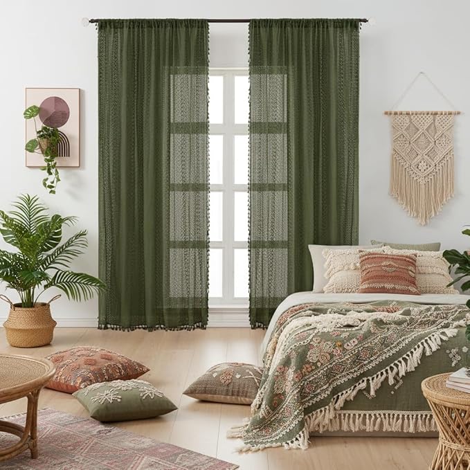 WAZZIO Boho Lace Curtains 84 Inches 2 Panel,Light Filtering Privacy Tassel & Geometry Crochet Semi Sheer Curtain Drapes for Bedroom Living Dining Room,Rod Pocket & Tassel,Olive Green