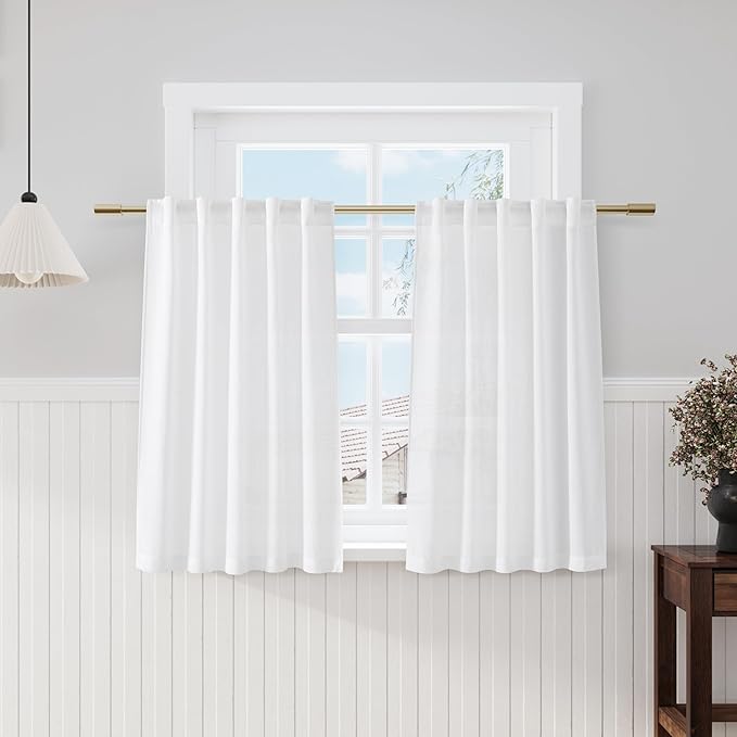 Nanspring 48 Inch Linen Curtains, White Light Filtering Curtain Back Tab and Rod Pocket Neutral Modern Farmhouse Coastal Decor Curtains for Living Room Bedroom 34 x 48 Inch, 2 Panels