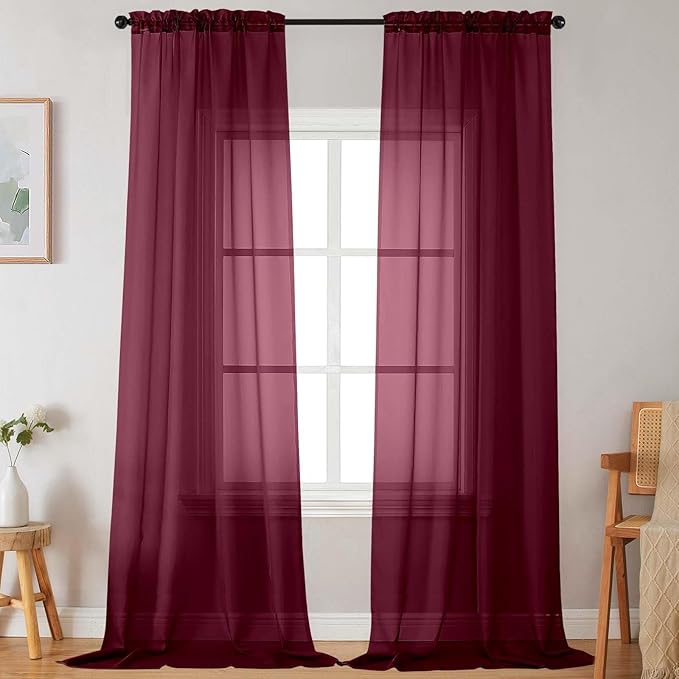 Extra Long Sheer Burgundy Curtains for Bedroom Living Room 108 Inches Long 2 Panels Set, Solid Soft Light Filtering Rod Pocket Sheer Window Curtains, Burgundy, Each 42" Wx108 L Inch