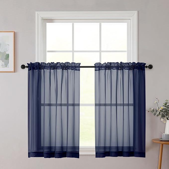 Cafe Curtains 36 Inch Length Tier 2 Pieces, Modern Soft Airy Sheer Kitchen Short Curtains for Small Window, Rod Pocket Small Curtain for Bathroom Basement, Navy Blue, Each, 42"Wx36"L Inches