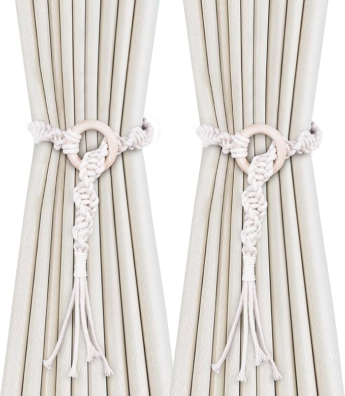 SRG Handmade Boho Curtain Tiebacks Hand Knitting Cotton Curtain Holdbacks with Adjustable Natural Wooden Rings Accessories Wall Decoration for Home Office