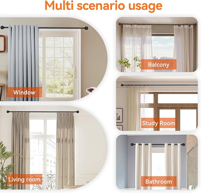 Black Curtain Rods for Windows 48 to 84 or 88 Inches Max - 2 Pack 5/8'' Metal Heavy Duty Curtain Rods Set - Rustic Decorative Drapery Rods with Brackets for Farmhouse, Bedroom