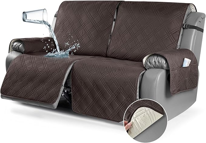 TAOCOCO 100% Waterproof Oversized Loveseat Recliner Cover, Non Slip Split Couch Covers for Reclining Loveseat with Elastic Straps for Kids Pets(Oversized 2 Seater, Chocolate)