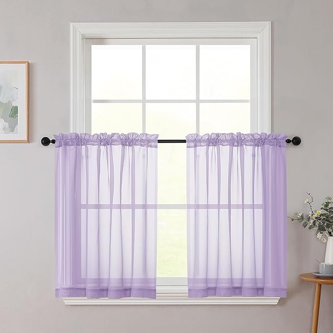 Lavender Kitchen Curtains 30 Inch Length Tier 2 PCS, Solid Soft Airy Half Curtains for Windows, Lavender Sheer Rod Pocket Drapes for Bathroom Basement Small Window Curtain, 42"Wx30"L Inches