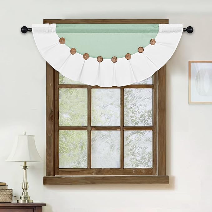 FRAMICS Farmhouse Valance Curtains, Boho Cotton Linen Kitchen Valance, Sage Green Rustic Button Window Valances for Bedroom, Country Rod Pocket Valances for Windows, Semi-Circular, 52 x 18 Inch
