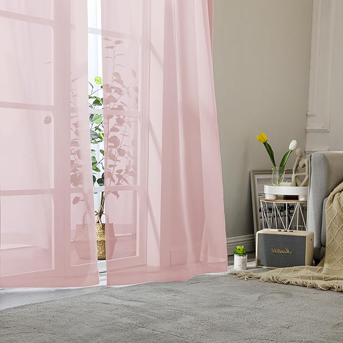 Lecloud Blush Pink Sheer Curtains 96 Inches Long 2 Panels, Modern Airy Voile Solid Curtains, Transparent Aesthetic Windows Decor Drape with Rod Pocket for Bedroom Living Room, Each 42" W x 96" L