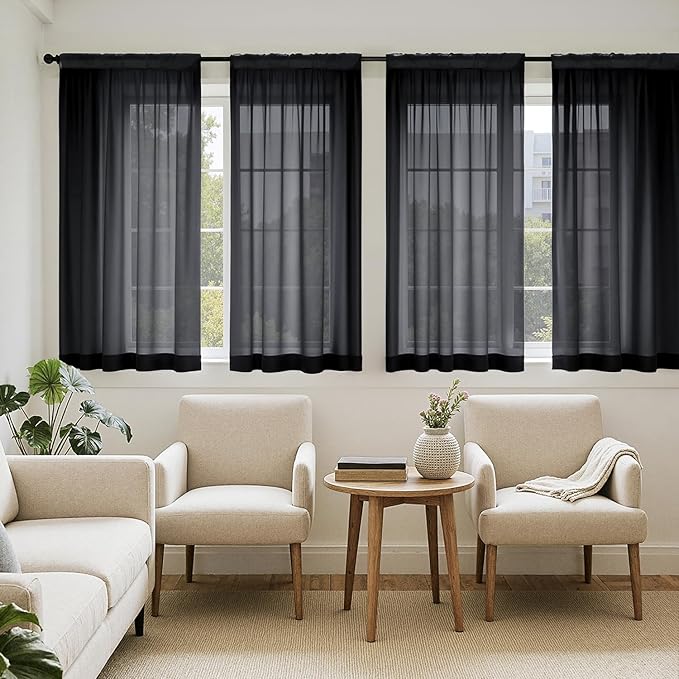 MIULEE Short Sheer Curtains 54 Inches Long, 4 Panels Set, Light Filtering Rod Pocket Curtains for Kitchen/Bathroom Small Windows, 42W x 54 Inches, Black