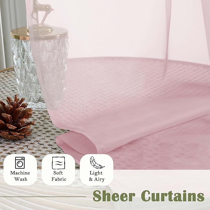 Lecloud Blush Pink Sheer Curtains 96 Inches Long 2 Panels Set, Modern Farmhouse Decor Light Filtering Curtains for Bedroom, Rod Pockets Soft Airy Drapes for Living Room, Each Panel 59" W x 96" L