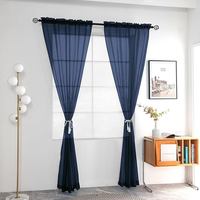 youleyar Solid Sheer Rod Pocket Curtain Voile Draperies 2 Panels White Beige Black Grey Coffee 52 Inch Width 84 Inch Long 1 Pair for Kitchen Bedroom Children Living Room Yard (Navy,52Wｘ84L)