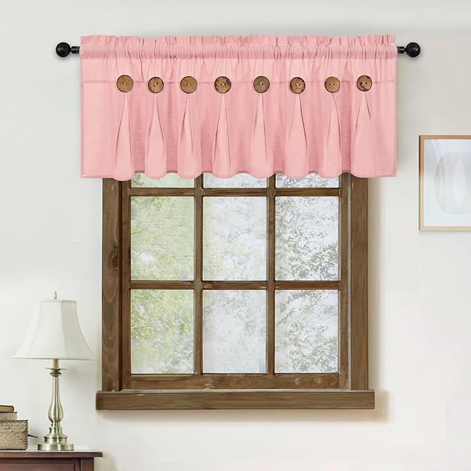 FRAMICS Farmhouse Valance Curtains, Boho Cotton Linen Kitchen Valance, Pink Rustic Button Window Valances for Kitchen Bathroom, Country Rod Pocket Valances for Windows, Pink, 52 x 18 Inch