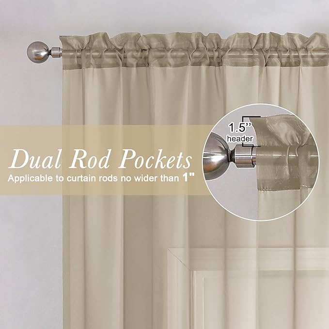 Lecloud Taupe Sheer Curtains 96 Inches Long 2 Panels Set, Home Decor Light Filtering Airy Solid Color Drapes, Dual Rod Pocket Living Room Curtains for Bedroom Dining Room, Each Panel 59" W x 96" L