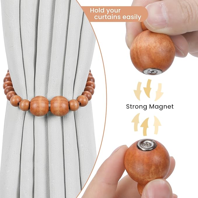 Magnetic Curtain Tiebacks, 4 Pack Curtain Holdbacks for Draperies, Wood Bead Curtain Tiebacks, Curtain Tie Backs for Bedroom Decor, Boho Room Decor, Nursery Decor, Farmhouse Decor, Office Decor