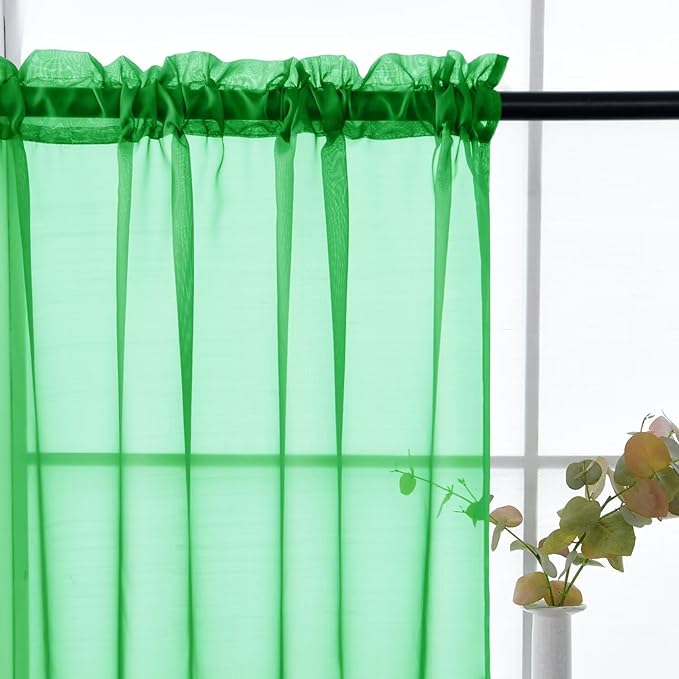 youleyar Solid Sheer Rod Pocket Curtain Voile Draperies 2 Panels White Beige Black Ivory Coffee 26 Inch Width 30 Inch Long 1 Pair for Kitchen Bedroom Children Living Room Yard(Green,26W x 30L)