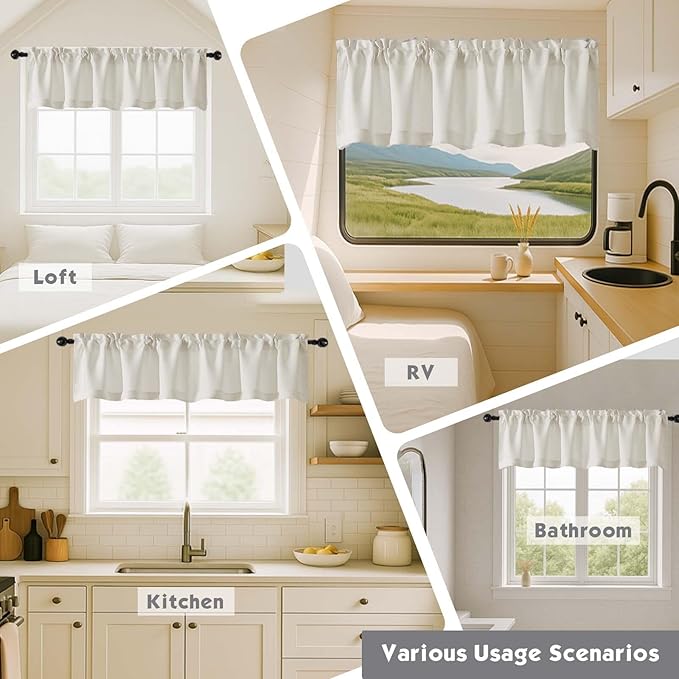 Chyhomenyc White Valances for Window, Light Filtering Short Curtains for Kitchen Bedroom Living Room, Rod Pocket Top Small Window Treatment Valance RV Bunk Panels, 40" Wx18 L, 2 Pieces