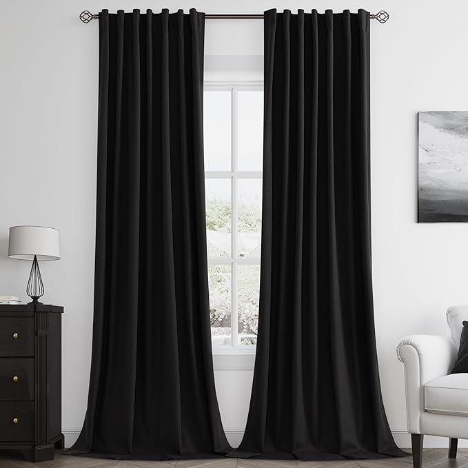 Guken Black 100% Blackout Curtains 120 Inch Length 2 Panels Set for Living Room Bedroom Back Tab Thermal Insulated Black Out Linen Drapes Room Darkening Window Curtains,52x120