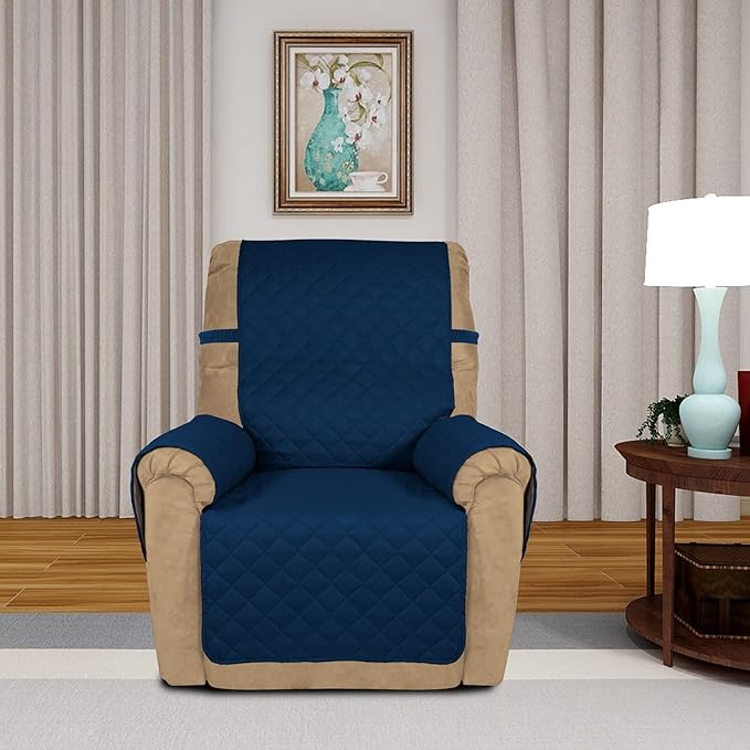 PureFit Reversible Quilted Oversized Recliner Sofa Cover, Water Resistant Furniture Protector, Washable Couch Cover with Elastic Straps for Kids, Pets (Small, Navy/Navy)