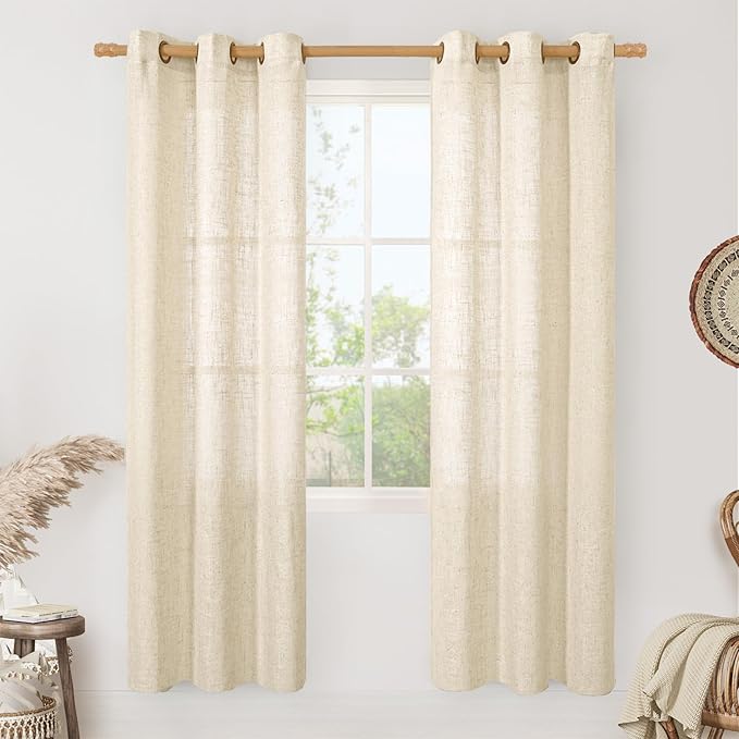 LAMIT Sheer Linen Curtains 80 Inch Length for Living Room, Faux Linen Textured Light Filtering Neutral Bronze Grommet Window Treatment Drapes for Bedroom, 2 Panels, 34 x 80 Inch, Beige