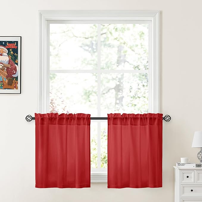 HOMEIDEAS Christmas Non-See-Through Red Privacy Sheer Kitchen Curtains, 30 X 24 Inches Long 2 Panels Short Sheer Curtains Light Filtering Bathroom Window Drapes for Bedroom Living Room