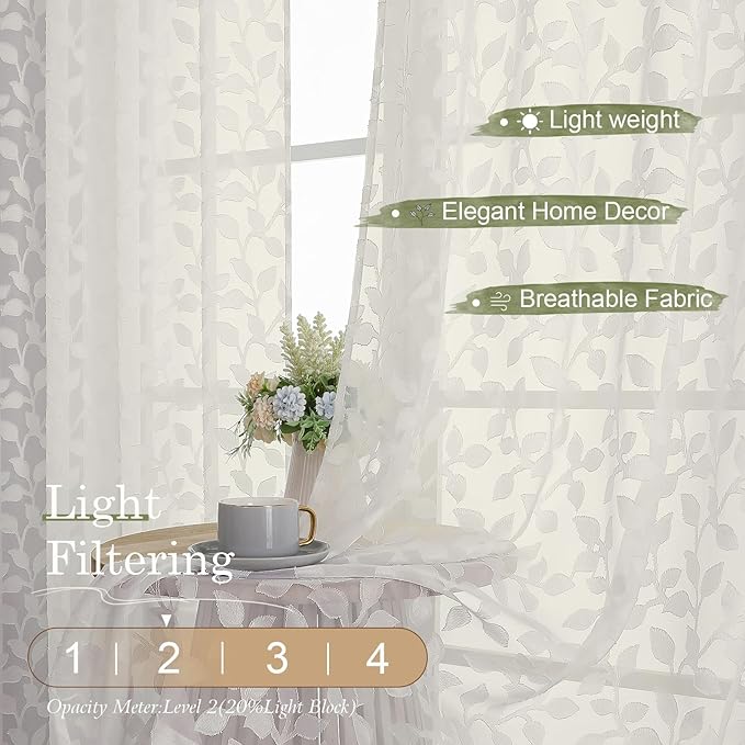 Chyhomenyc Ivory Sheer Curtains 84 Inch Length 2 Panels Set, Light Filtering Tufted Textured Soft Airy Rod Pocket Gentle Leaf Window Treatment Drapes for Bedroom Living Room, 42" Wx84 L, 2PCS