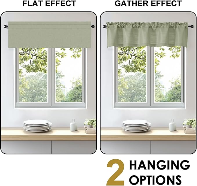 OWENIE Bob 1 PCS Green Valances for Windows, Faux Linen Textured Kitchen Window Curtains Valance for Bedroom Living Room, Modern Soft Airy Solid Rod Pocket Bathroom Cafe Curtain, 60Wx20L Inch
