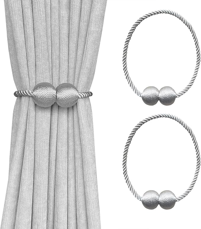 Melaluxe 2 Pack Magnetic Curtain Tiebacks, Decorative Curtain Holdbacks for Window Décor (Grey)