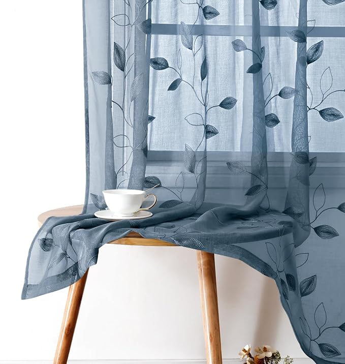 HOMEIDEAS Stone Blue Floral Sheer Curtains 63 Inches Long 2 Panels Embroidered Pattern Semi Sheer Window Curtains for Bedroom Living Room