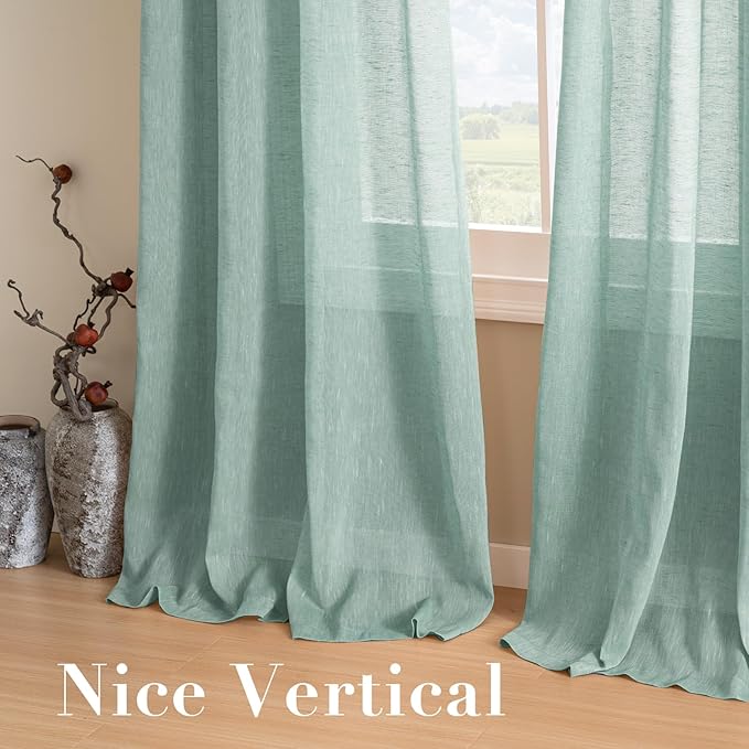 H.VERSAILTEX Linen Curtains Nickel Grommet Natural Linen Semi-Sheer Curtains 2 Panels Privacy Added Premium Soft Rich Material Drapes for Bedroom/Livingroom/Sliding Door - 52x96 - Inch - Sea Mist