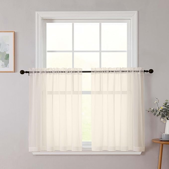 Cream Kitchen Curtains 30 Inch Length Tier 2 PCS, Solid Soft Airy Half Curtains for Windows, Sheer Rod Pocket Drapes for Bathroom Basement Small Window, Cream, 42" Wx30 L Inches