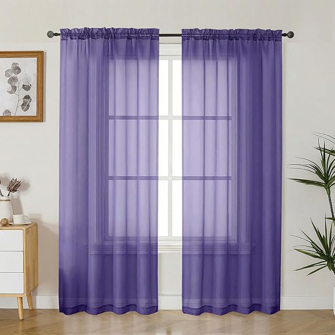 Gwine Sheer Curtains 72 Inch Length - Light Filtering Rod Pocket Window Curtain Panels for Bedroom, Elegant Soft Voile Living Room Sheer Drapes, Each 42Wx72L, 2 Panels, Purple
