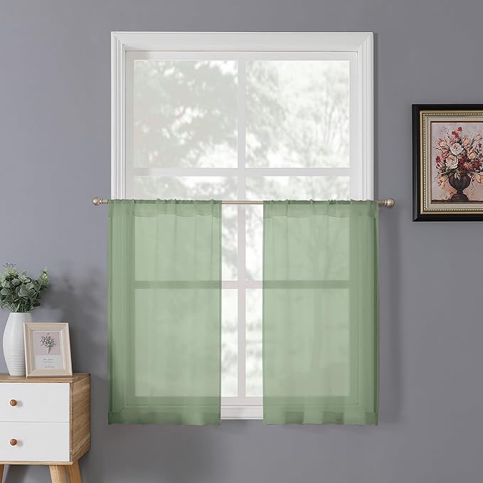 Tollpiz Sheer Tier Curtain Linen Textured Half Kitchen Curtains Sheer Light Filtering Rod Pocket Voile Small Curtains for Bathroom, 25 x 36 inches Long, Sage Green, Set of 2 Panels