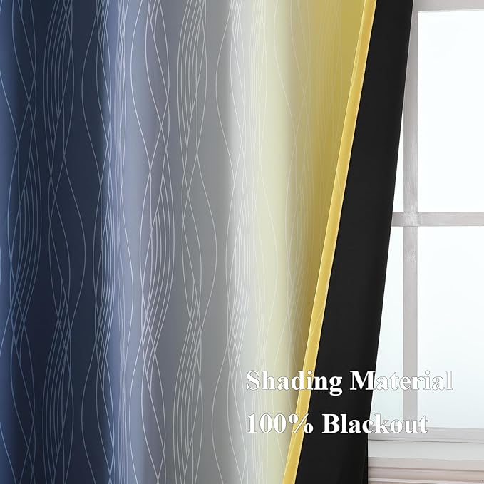Estelar Textiler Navy Blue and Yellow Blackout Curtains 45 Inch Length, Full Light Blocking Gradient Drapes for Kitchen, Thermal Insulated Grommet Ombre Curtains for Bathroom,52Wx45L,2 Panels