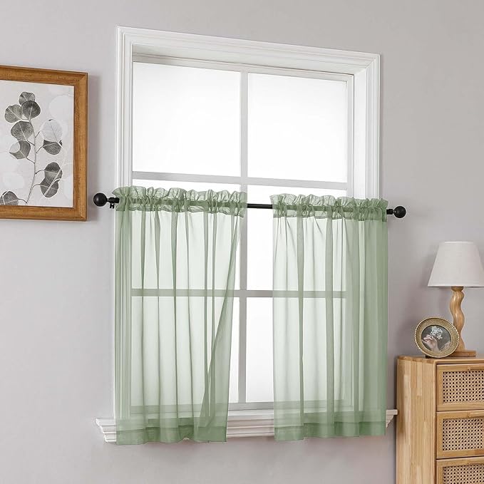 Sage Green Small Sheer Curtains 2 Panels Set, Kitchen Curtains 36 Inch Length, Elegant Light Filtering Short Window Drapes for Living Room Bedroom, Dual Rod Pocket Design, 2x42Wx36L Inches