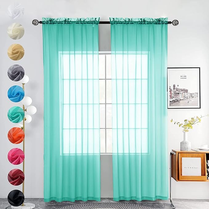 youleyar Solid Sheer Rod Pocket Curtain Voile Draperies 2 Panels White Beige Black Grey Coffee 52 Inch Width 90 Inch Long 1 Pair for Kitchen Bedroom Children Living Room Yard (Turquoise,52Wｘ90L)