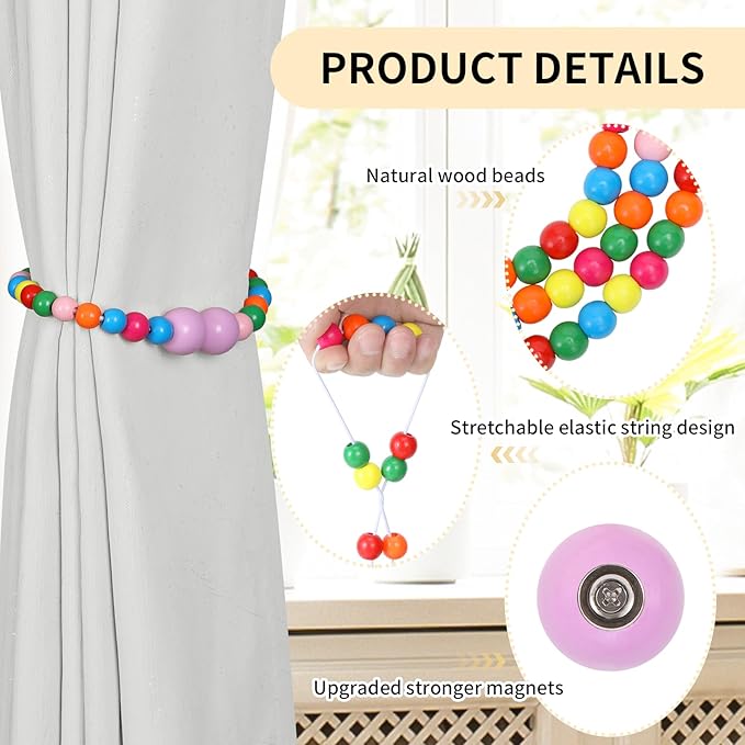 KLOGTSIND Magnetic Curtain Tiebacks, 6 Pack Curtain Holdbacks for Draperies, Wood Bead Curtain Tiebacks, Elegant Curtain Tie Backs for Bedroom Decor, Boho Room Decor, Nursery Decor, Farmhouse Décor