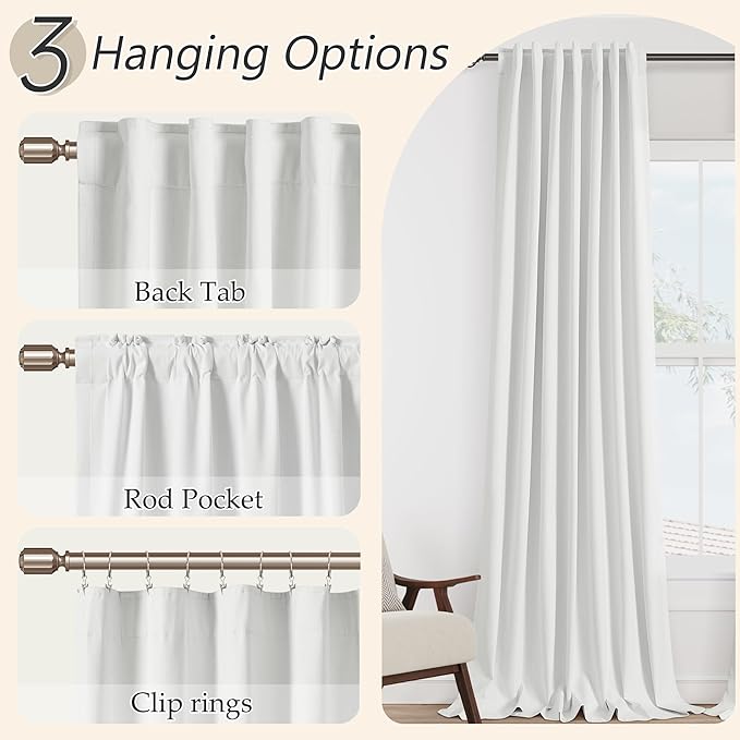 Guken White 100% Blackout Linen Curtains 52 Inch Wide by 74 Inch for Living Room Bedroom Back Tab/Rod Pocket Thermal Insulated Black Out Linen 2 Drapes Room Darkening Window Curtains
