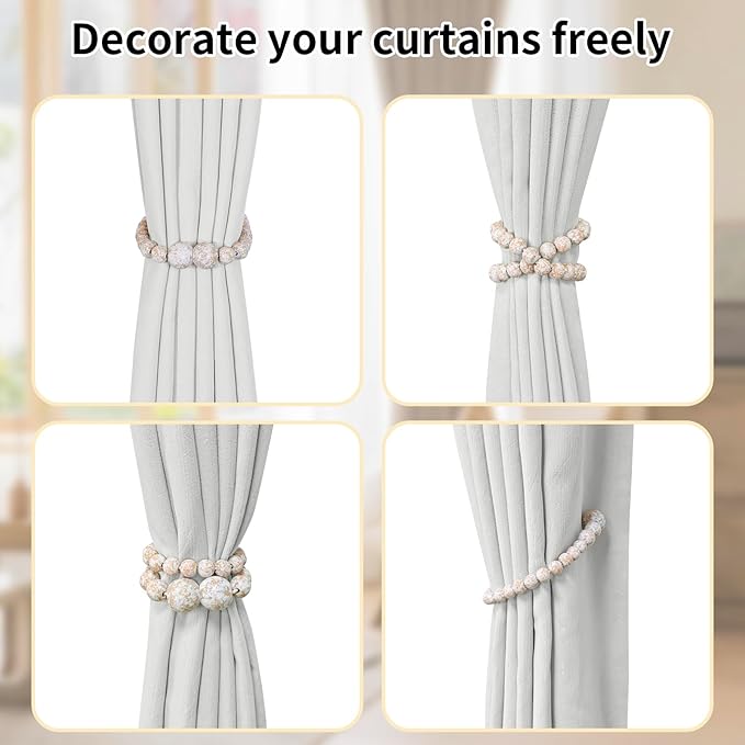 Magnetic Curtain Tiebacks, 6 Pack Curtain Holdbacks for Draperies, Wood Bead Curtain Tiebacks, Elegant Curtain Tie Backs for Bedroom Decor, Boho Room Decor, Nursery Decor, Farmhouse Decor
