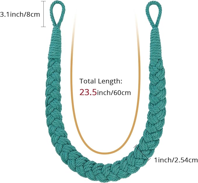 NICEEC 4 Pack Natural Cotton Rope Curtain Tiebacks Elegant Boho Style Decorative Drape Tie Backs Soft Hand-Woven Rope Curtain Holdbacks with Metal Hook for Home & Office Drapery (Teal)