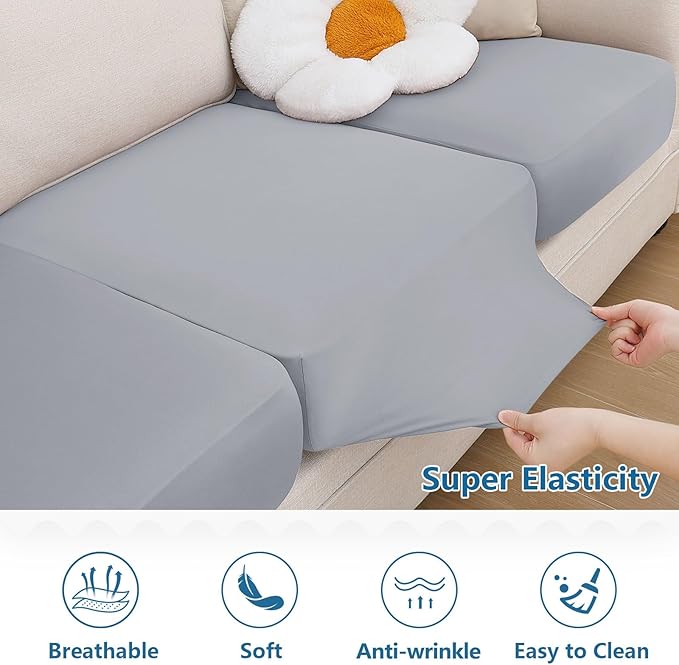 hyha Milk Silk Couch Cushion Covers, Soft Magic Sofa Covers Washable for 3 Cushion Couch, Stretch Sectional Outdoor Cushion Covers for Patio Furniture with Elastic Bottom(Large, Grey)
