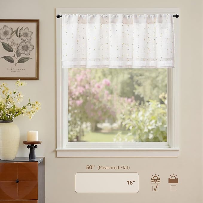 jinchan Kitchen Valance Curtain for Windows 16 Inch Mini Pom-Pom Double Layer Valance Linen Blend Country Window Treatment for Bedroom Living Room Light Filtering Rod Pocket 1 Panel Sunlit Grove