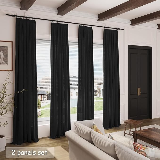 Nanspring Linen Curtains 84 inches Long for Living Room Privacy Sheer Black Simple Modern Curtains Back Tab and Rod Pocket Cotton Textured Curtain for Bedroom Dinner Room 70x84, 2 Panel