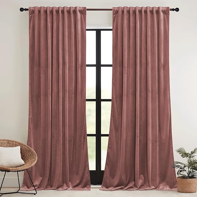 RYB HOME Dusty Pink Velvet Curtains 84 inch, Room Darkening Window Curtains for Living Room Energy Efficient Backdrop Festival Decor for Girls Bedroom, Wild Rose, W52 x L84 inch, 2 Panels