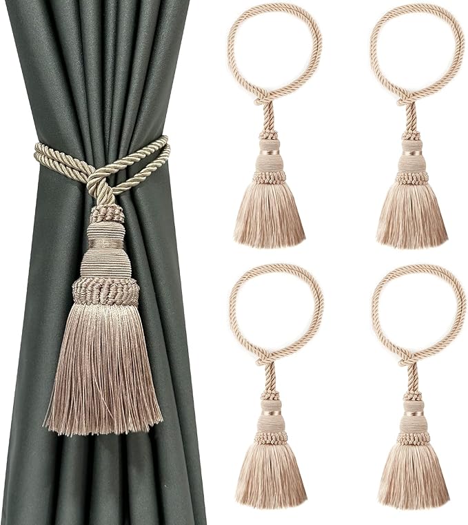 Fenghuangwu 4 Pack Curtain Tie Backs Rope Tassels for Curtains Drape tiebacks Handmade Outdoor Home and Outdoor Decorative (Khaki, 4p)
