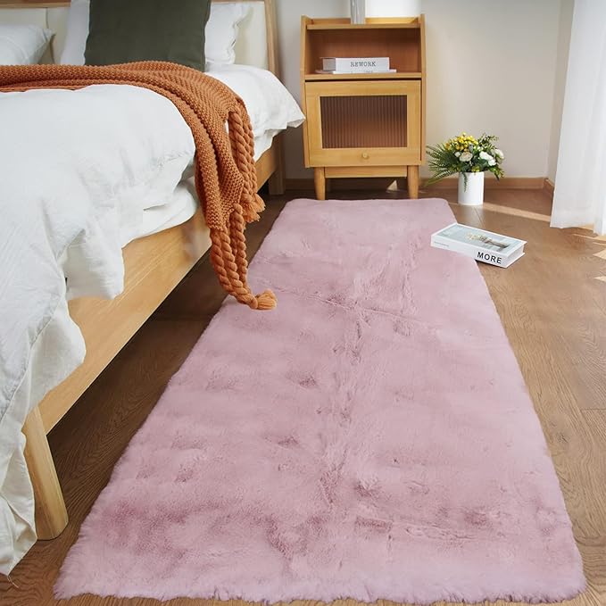 Ghouse Ultra Soft Faux Rabbit Fur Rug, Machine Washable Area Rugs for Bedroom Fluffy Rugs for Living Room, No-Shedding Carpet Sheepskin Runner Rugs Pink 2 x 8 Feet