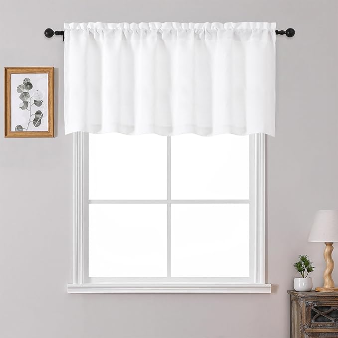 OWENIE White Valances for Windows 1 Pcs 22 Inch Length, Light Filtering Textured Short Small Valance Curtains for Bathroom Basement Living Room Bedroom, Half Window Curtains Over Sink, 60" W by 22" L