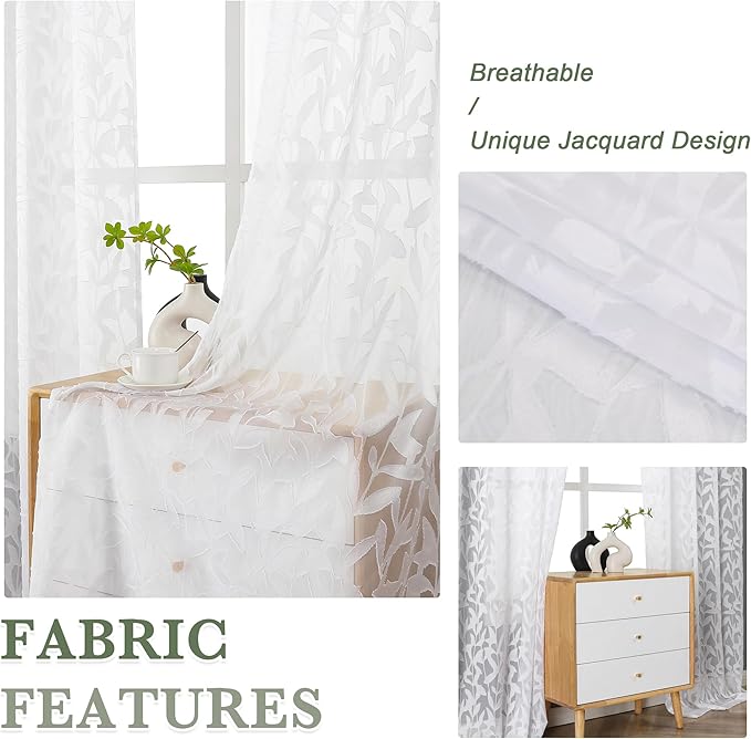 Lecloud Leia White Sheer Curtains 96 Inches Long 2 Panels, Airy Voile Jacquard Leaf Textured Curtains, Light Filtering Farmhouse Dual Rod Pocket Curtain Drapes for Bedroom Living Room, 52" W x 96" L