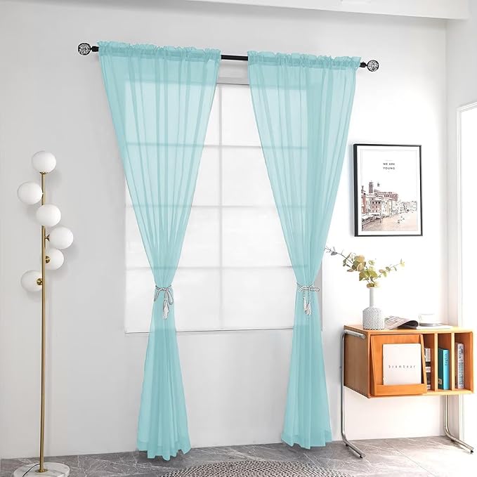 youleyar Solid Sheer Rod Pocket Curtain Voile Draperies 2 Panels White Beige Black Grey Ivory 52 Inch Width 63 Inch Long 1 Pair for Kitchen Bedroom Children Living Room Yard (Sky Blue,52Wｘ63L)