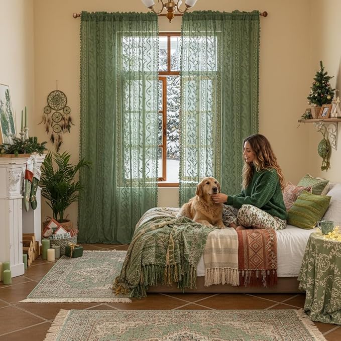 WAZZIO Boho Lace Curtains 2 Panels 96 Inches -Vintage Victorian Sheer Panel Drape French Country Floral Pattern & Tassel Light Filtering Privacy for Bedroom Dining Living Room,Dark Sage Green,W52x L96