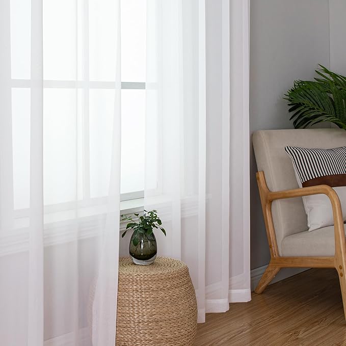 Lecloud White Sheer Curtains 50 Inch Length 2 Pcs, Light Filtering Voile Bathroom Curtains for Bedroom Basement Living Room, Farmhouse Window Treatments Rod Pockets Drapes, Each Panel 42" W x 50" L