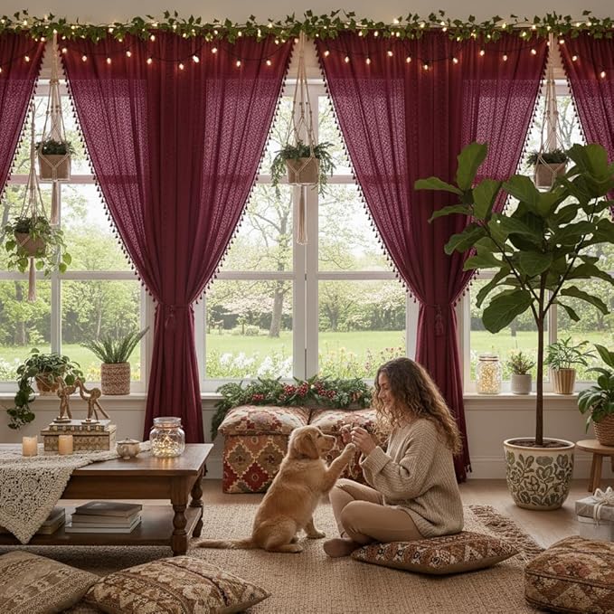 WAZZIO Boho Lace Curtains 63 Inches 2 Panel,Light Filtering Privacy Tassel & Geometry Crochet Semi Sheer Curtain Drapes for Bedroom Living Dining Room,Rod Pocket & Tassel,Burgundy Red